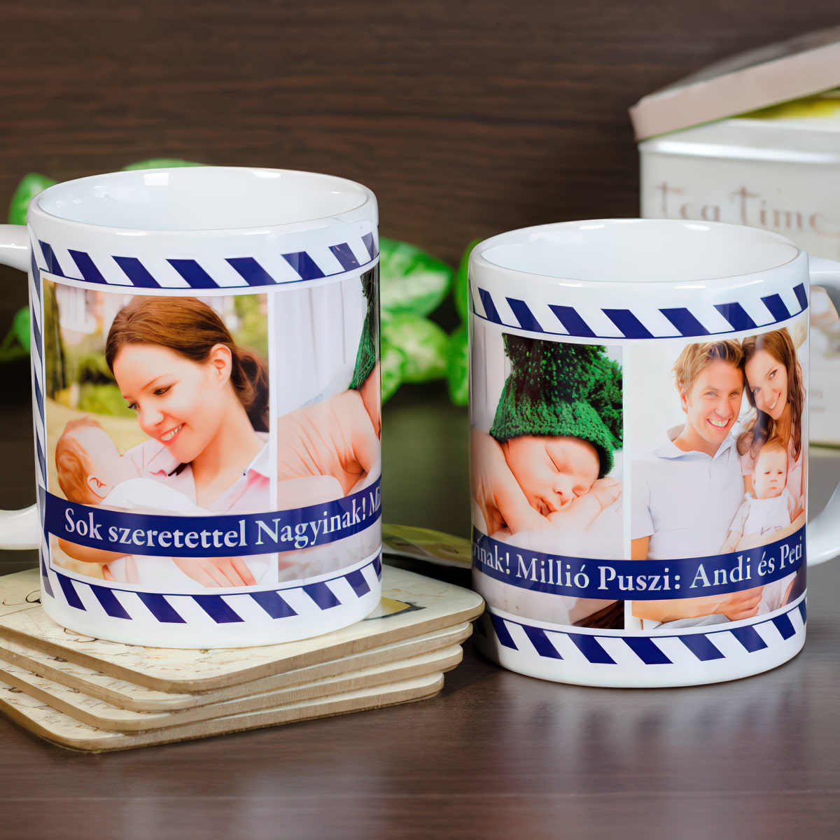 Kék csíkos fényképes bögre, 3 szabadon cserélhető képpel és egyedi, személyre szabható feliratta