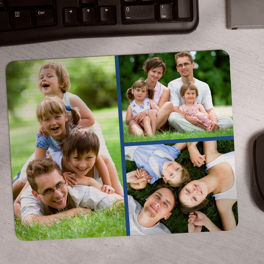 Egyedi fényképes egérpad 3 szabadon cserélhető fotóval, személyes ajándék családi emlékekhez, tökéletes meglepetés otthonra vagy irodába.