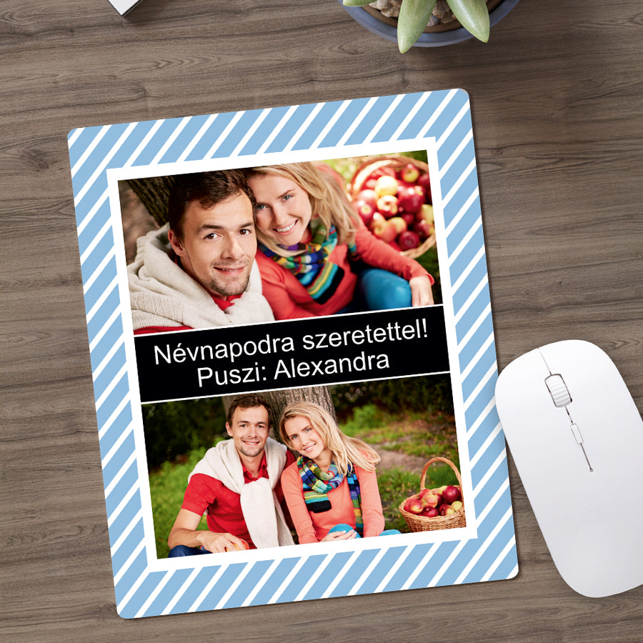 Egyedi fényképes egérpad két szabadon cserélhető fotóval és egyedi felirattal, személyes ajándék névnapra, születésnapra vagy meglepetésnek.
