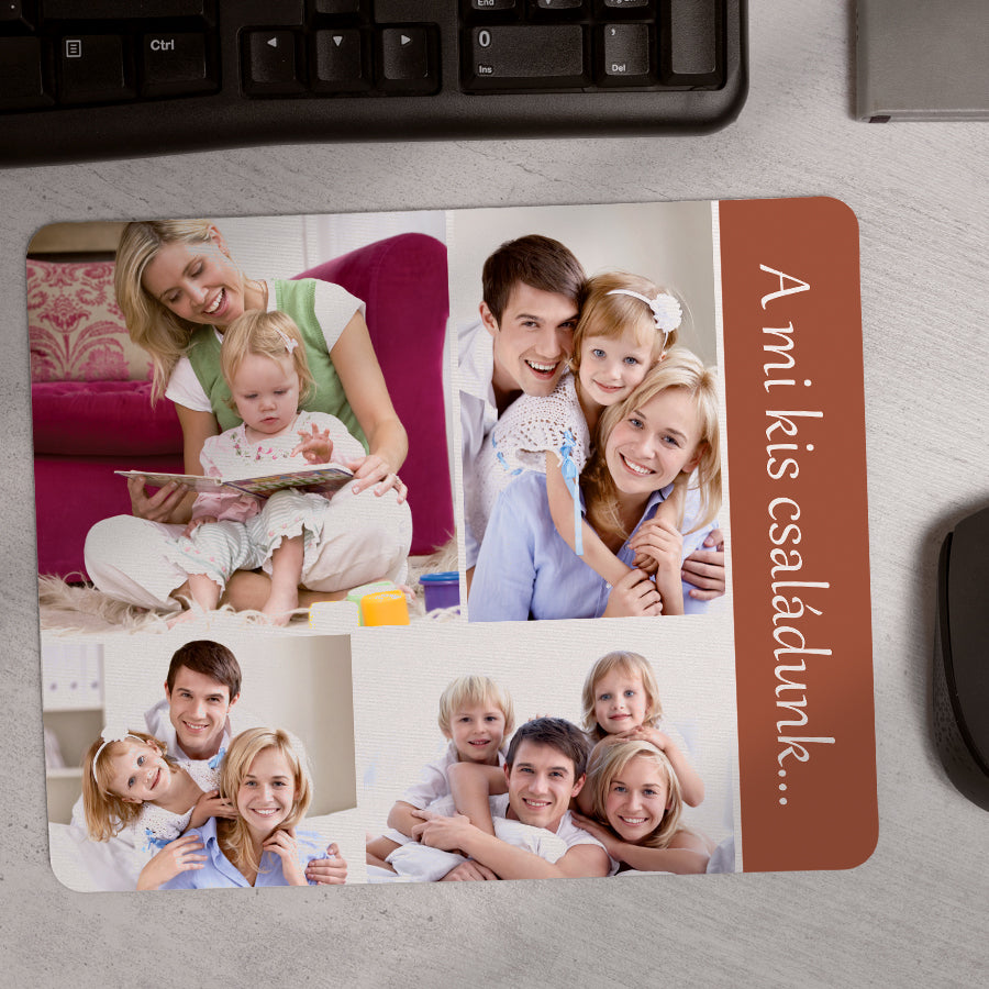 Egyedi fényképes egérpad 4 szabadon cserélhető fotóval és egyedi felirattal, tökéletes személyes ajándék családnak, otthonra vagy irodába.