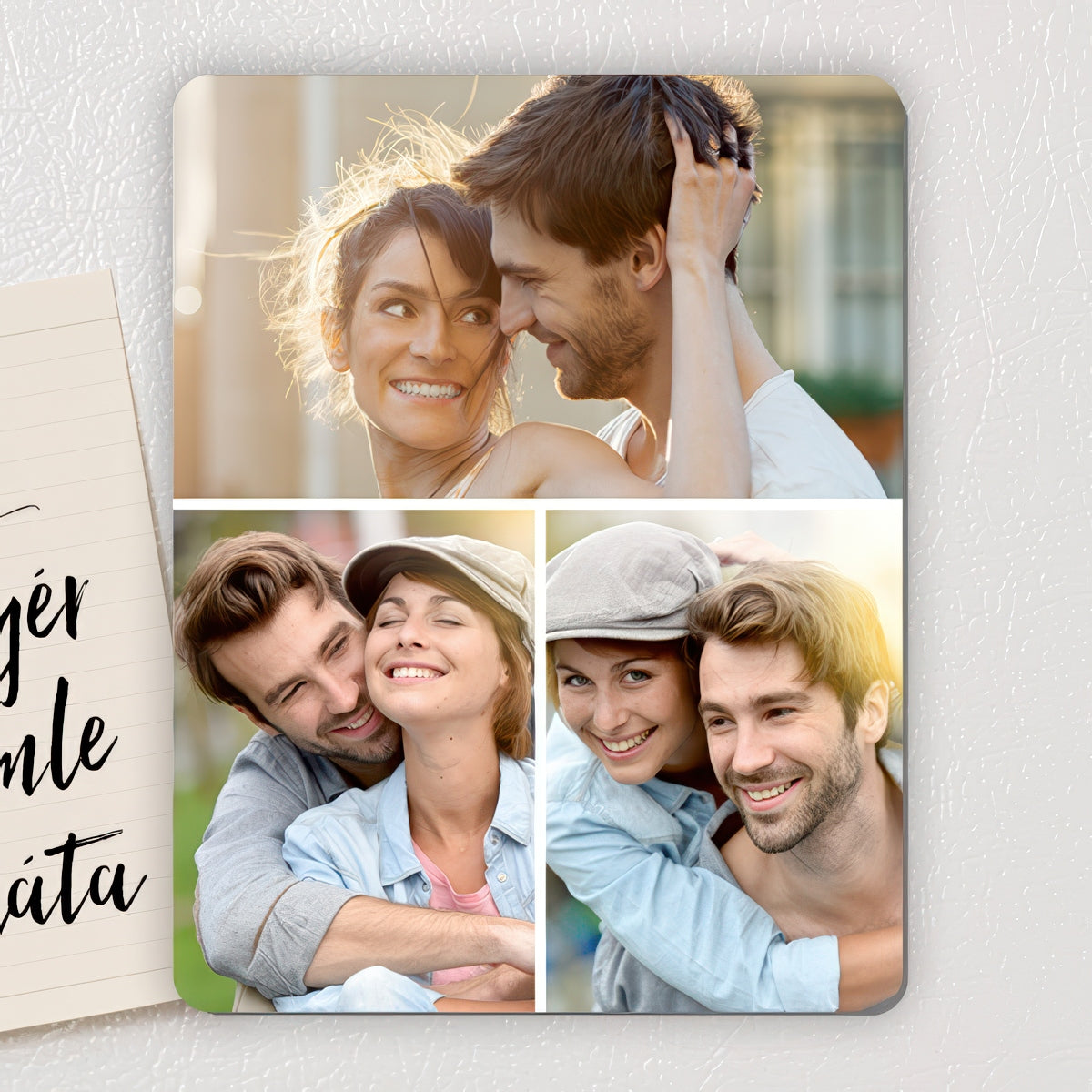 Egyedi fényképes fa hűtőmágnes 70×90 mm méretben, fényes felülettel, 3 külön fotóval szerkeszthető – tartós és elegáns ajándék születésnapra, évfordulóra vagy karácsonyra.