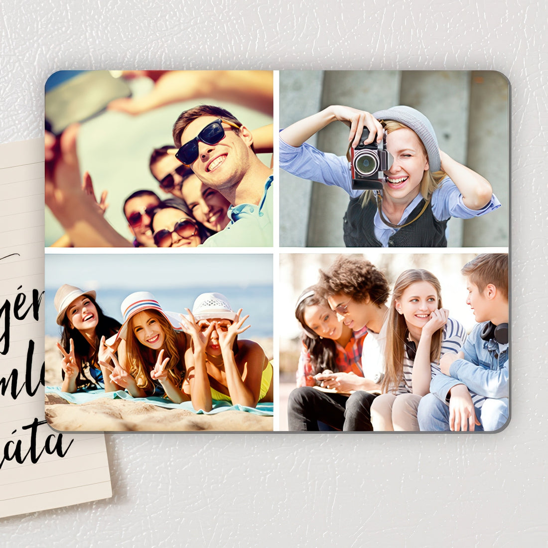 Egyedi fényképes fa hűtőmágnes 70×90 mm méretben, fényes felülettel, 4 külön fotóval szerkeszthető – személyes ajándék születésnapra, karácsonyra vagy Valentin-napra, tartós és elegáns kivitelben.