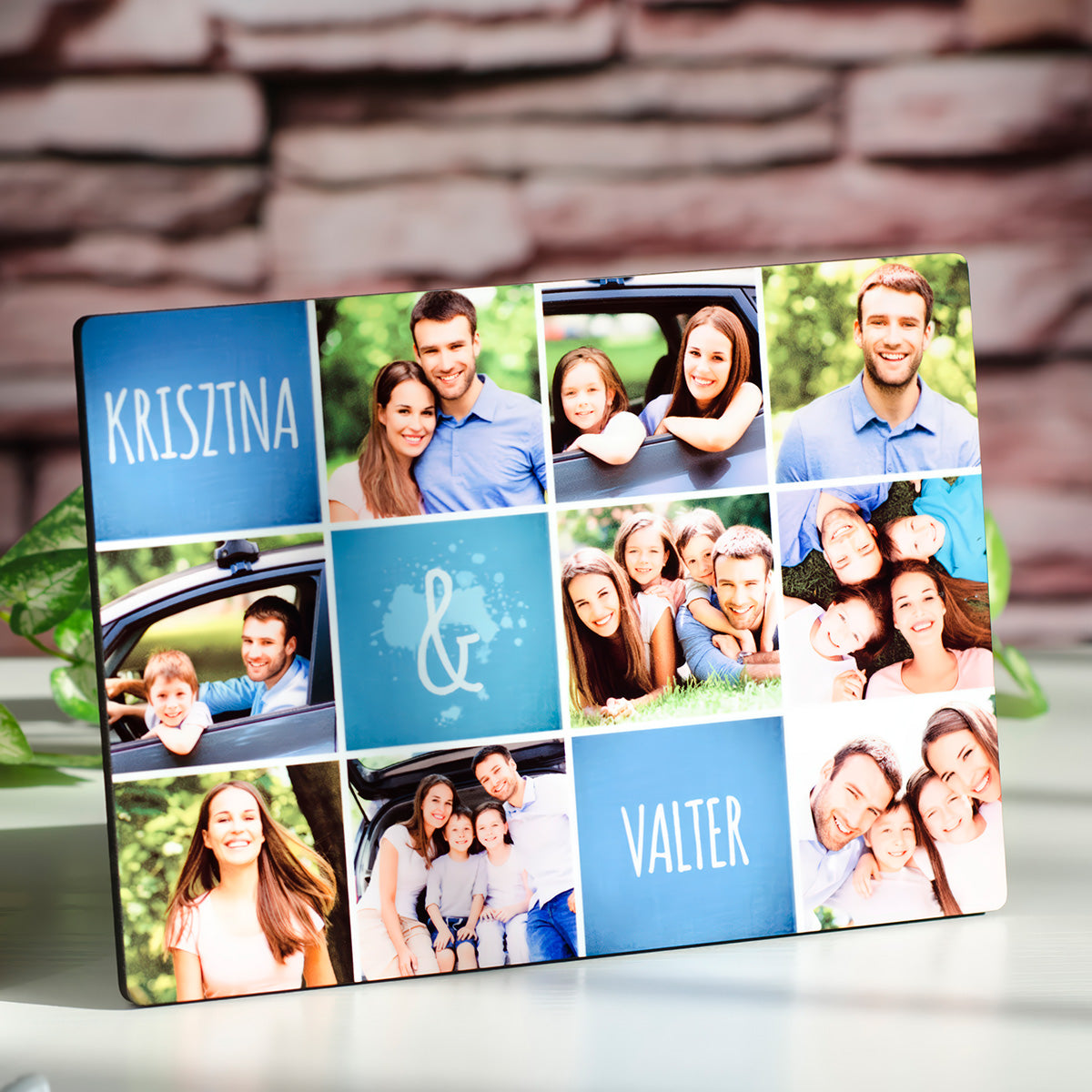 Egyedi fa fotópanel kilenc saját fényképpel és két személyre szabható névvel, különleges emlék családi vagy páros ajándéknak.