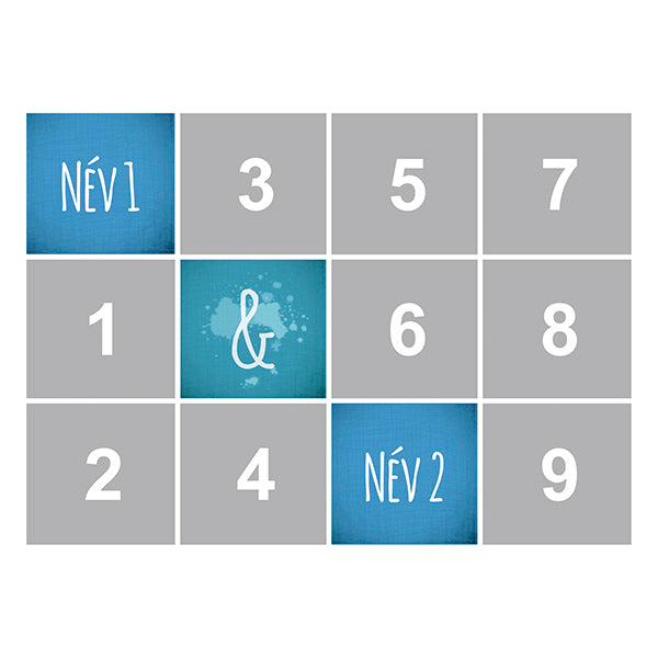 Egyedi fa fotópanel kilenc saját fényképpel és két személyre szabható névvel, különleges emlék családi vagy páros ajándéknak.