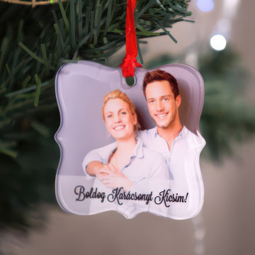 Fényképes karácsonyfadísz, felirattal