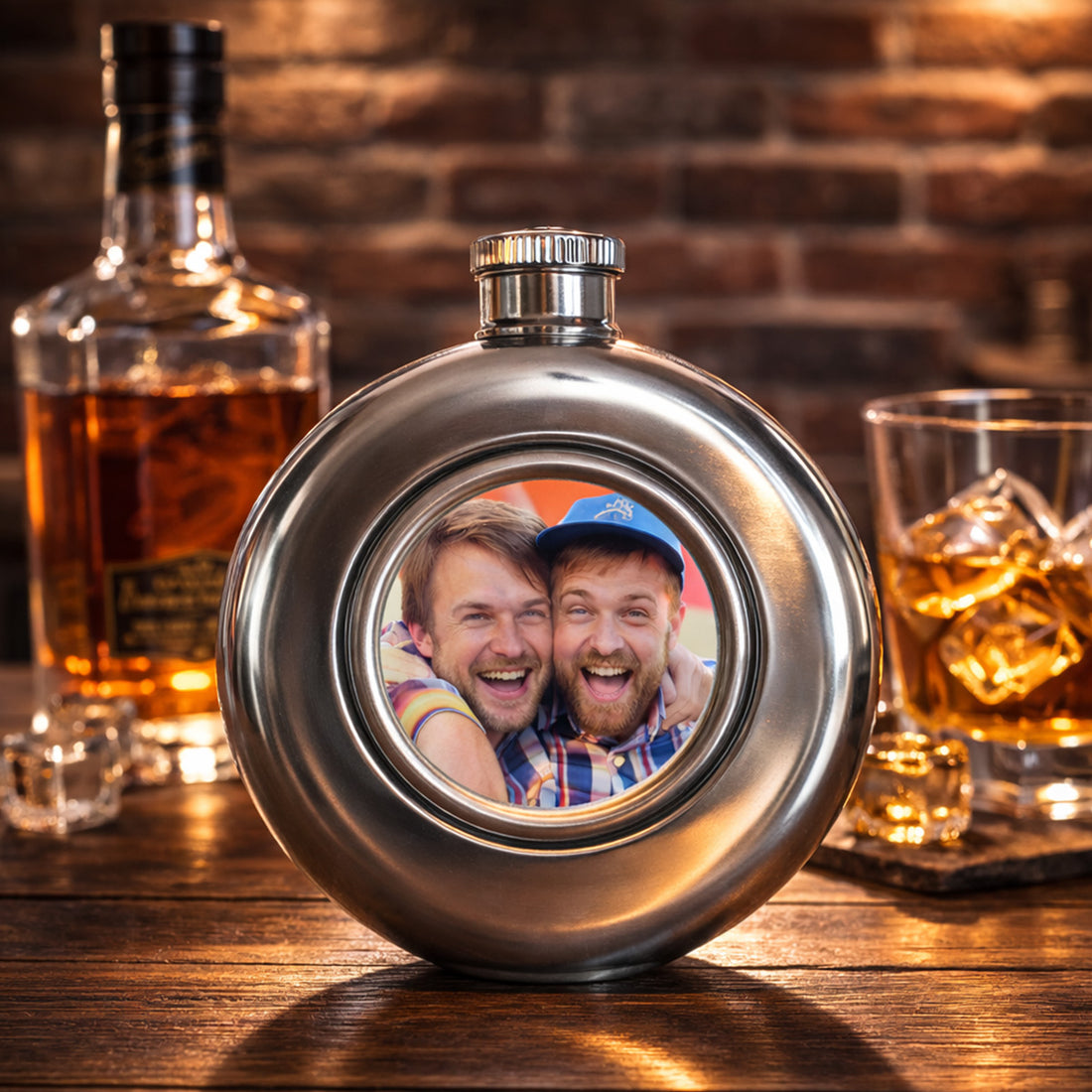 Egyedi fényképes fém flaska saját képpel, 150 ml-es rozsdamentes kivitelben, 3,8 cm-es kör alakú cserélhető fotóval – személyre szabható ajándék férfiaknak.