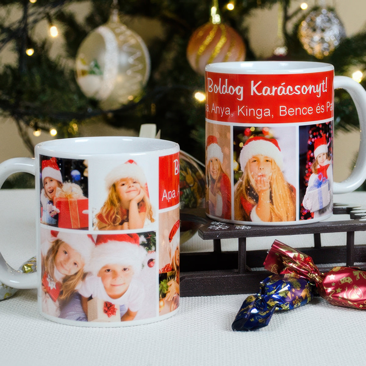 Karácsonyi fényképes montázs bögre 6 cserélhető fotóval és egyedi szöveggel, ‘Boldog karácsonyt!’ felirattal