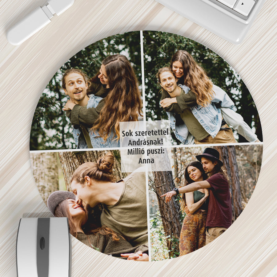 Kör alakú egyedi fényképes egérpad 4 cserélhető fotóval és személyes felirattal, tökéletes ajándék pároknak, születésnapra vagy évfordulóra.