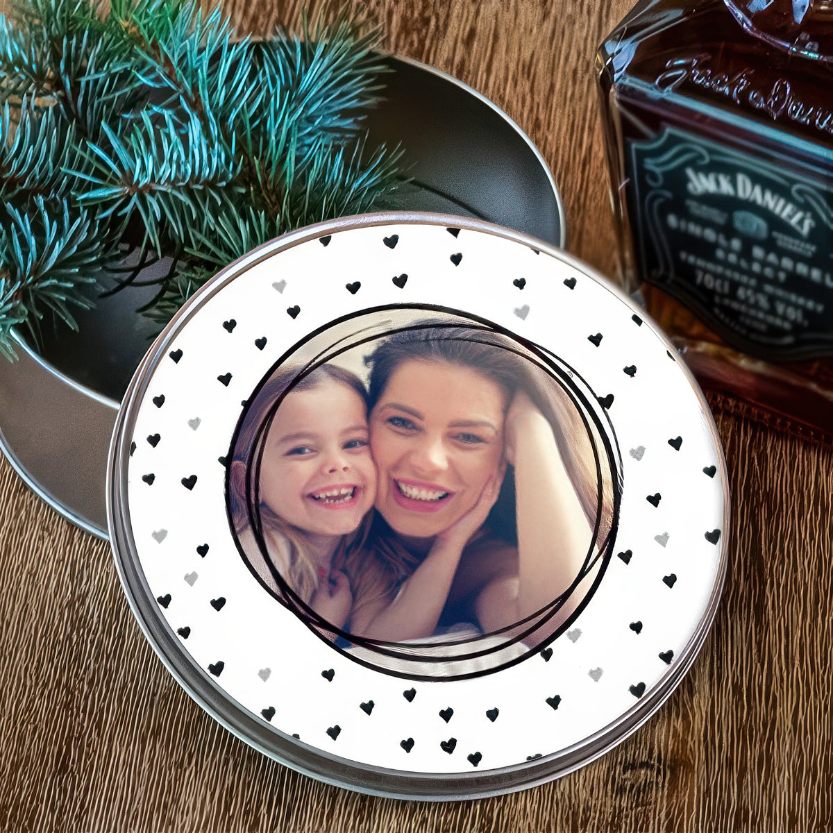 Kör alakú egyedi fényképes fémdoboz szabadon cserélhető fotóval, szív mintás dizájnnal, személyes ajándék anyukának, mamának vagy különleges alkalmakra.