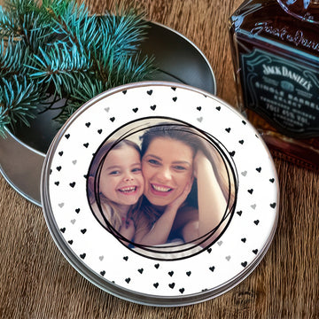 Kör alakú egyedi fényképes fémdoboz szabadon cserélhető fotóval, szív mintás dizájnnal, személyes ajándék anyukának, mamának vagy különleges alkalmakra.